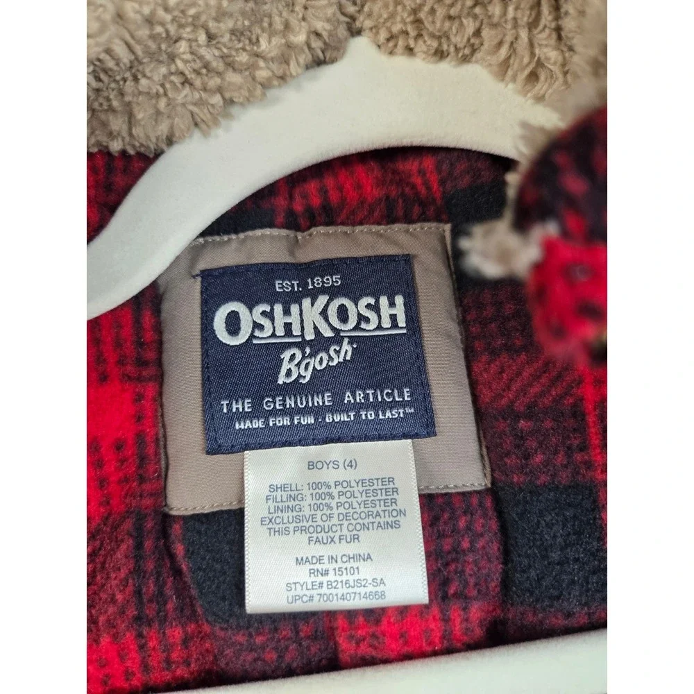 OshKosh Winter Parka Jacket Toddler Boy 4 Tan Plaid Fur Hooded Coat With Beanie